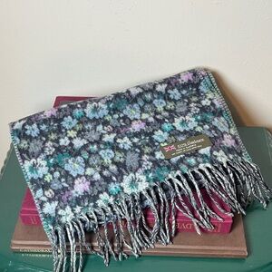 Floral 100% Cashmere Reversible Blue Green Gray Purple Scarf w Fringe Scotland
